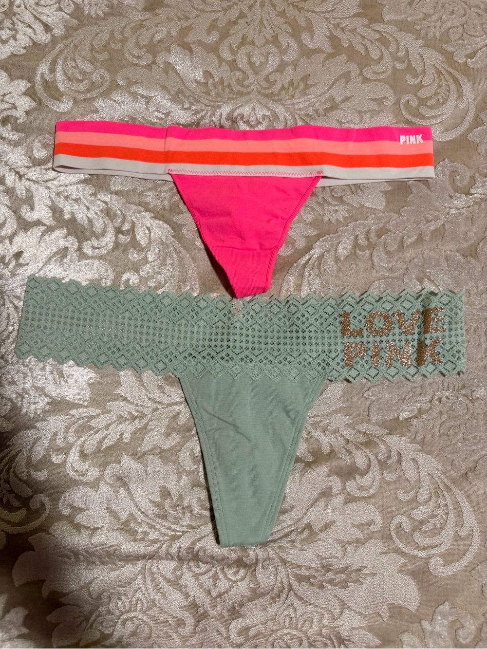PINK Victoria's Secret Neon Pink & Sage Lace Girls' Thong Set